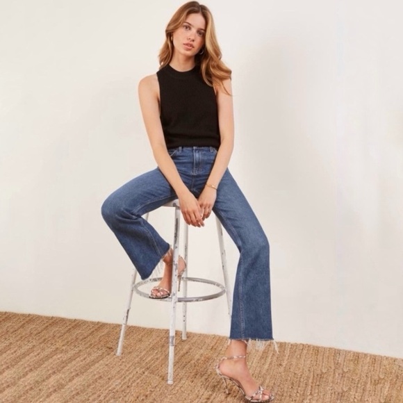 Reformation Cropped Flood Jeans High Waist Flare Raw Hem Kasai Wash 25 - 26 - Picture 1 of 16